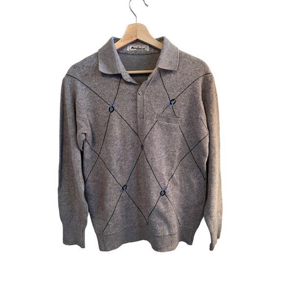 Angora Gray Sweater Long Sleeve Pullover Men's Size Medium Collared Argyle Patte - Picture 1 of 5